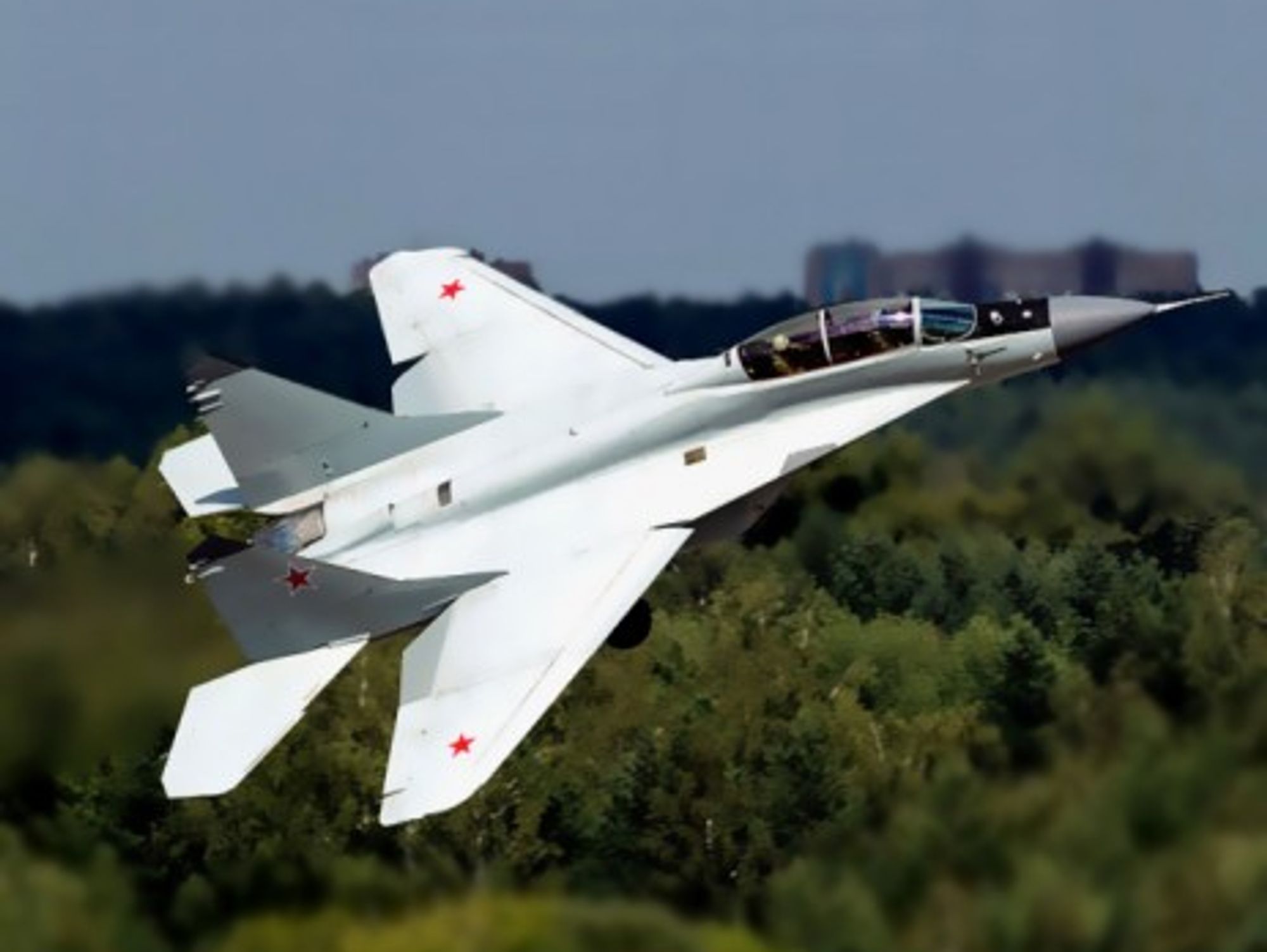 A MiG-29M-2 of the Russian Air Force flying over Ramenskoye Airport in Moscow