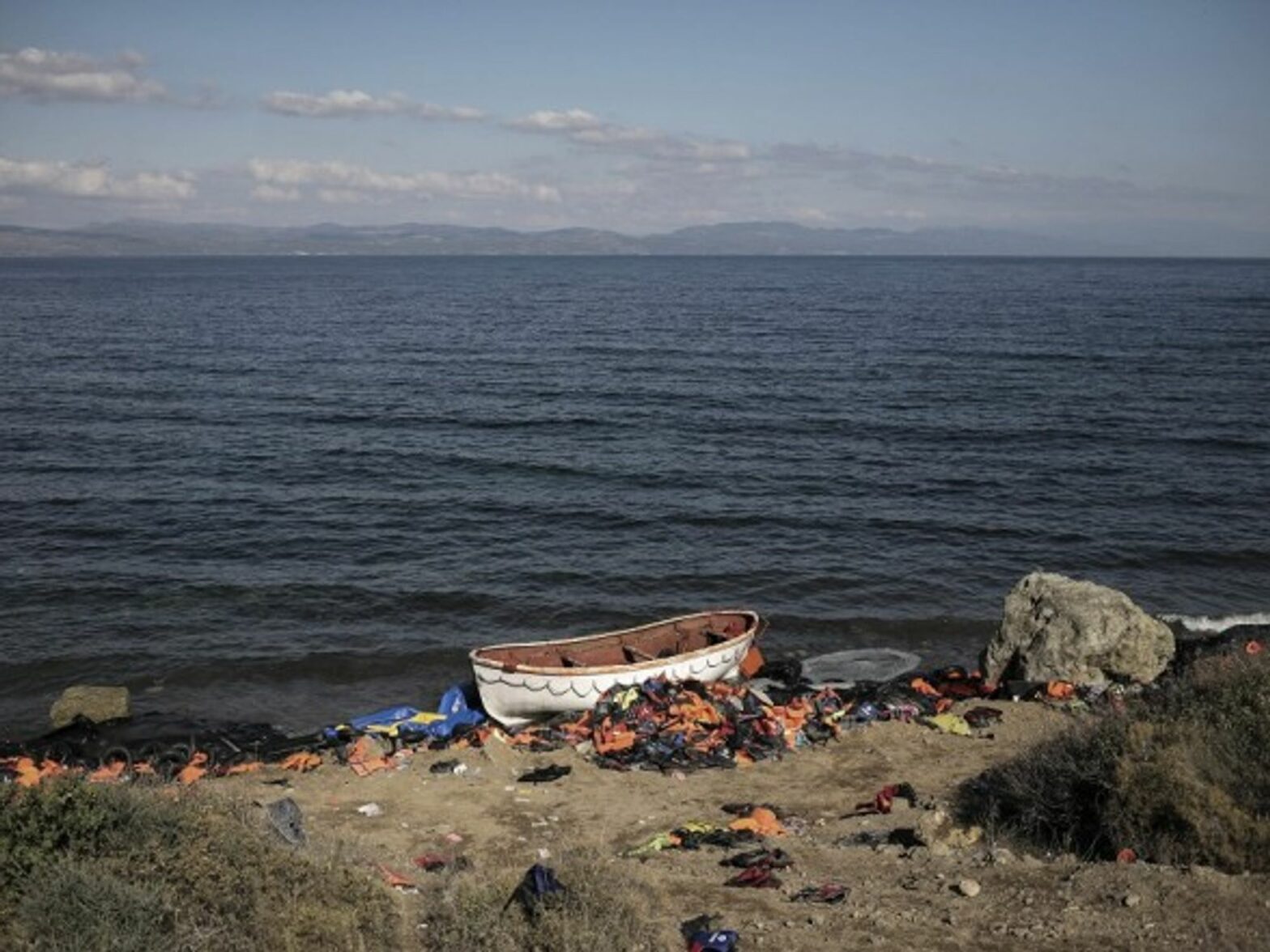 A migrants boat on Lesbos island, Greece