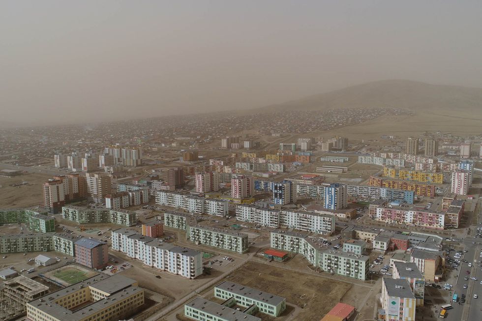 A mixture of white dust and dirt covers Erdenet city after a strong storm in April 2020.