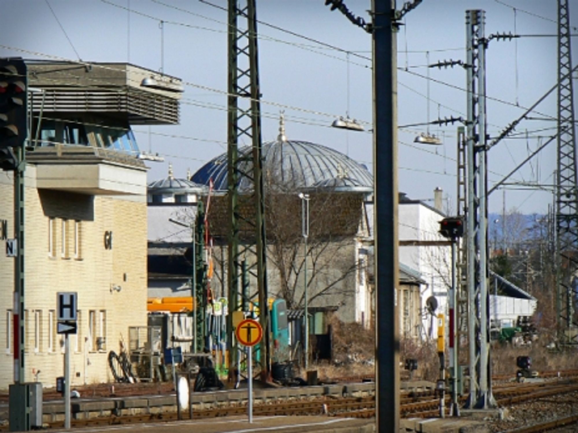 A mosque in the distance.