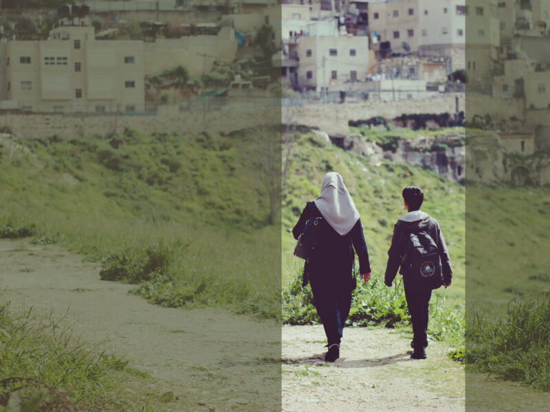 A mother and her son walking towards a town or city.