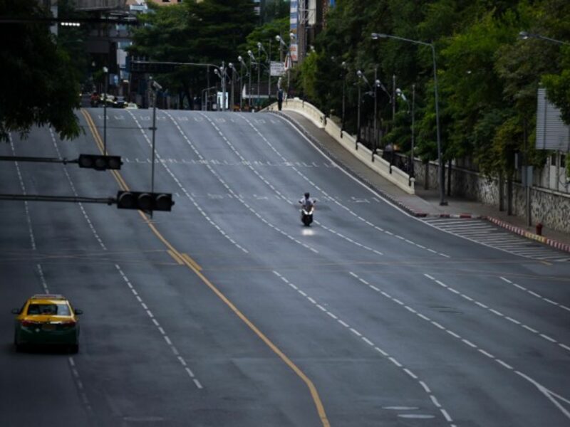 A nearly empty street in Bangkok, Thailand, where a new strict lockdown has been implemented this week to curb the surge in coronavirus cases