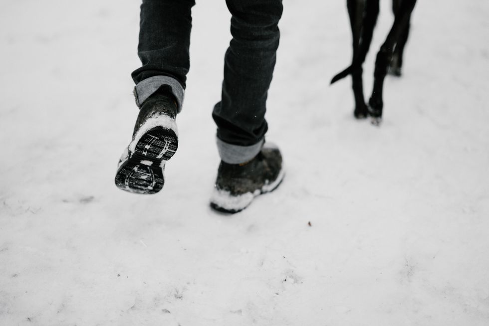 A person walking in the snow with a dog