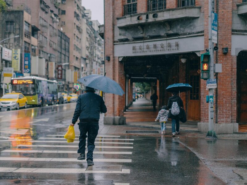 A person walks under the rain with an umbrella.