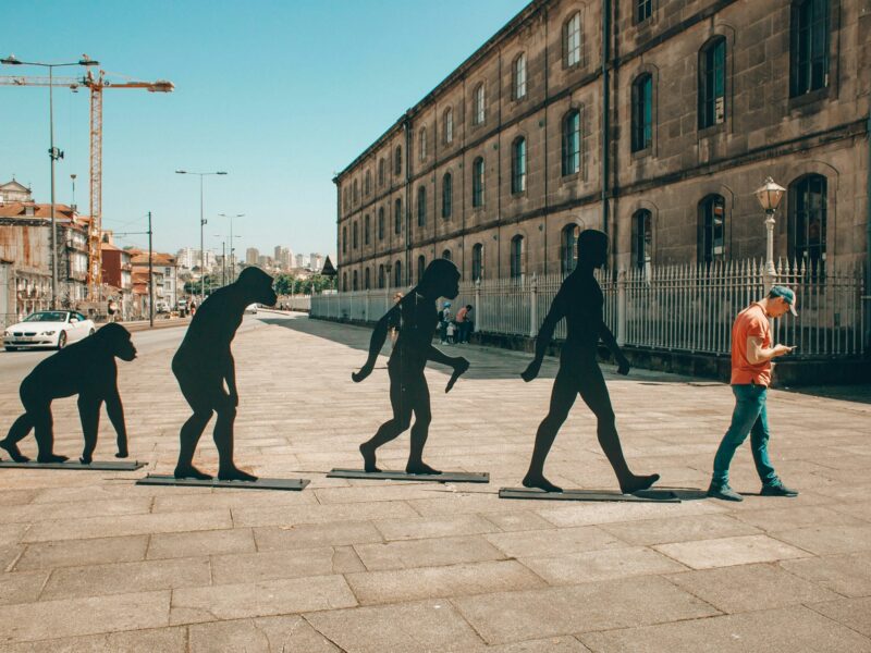 A photo of a man next to a metal sculptures a progression depicting evolution.