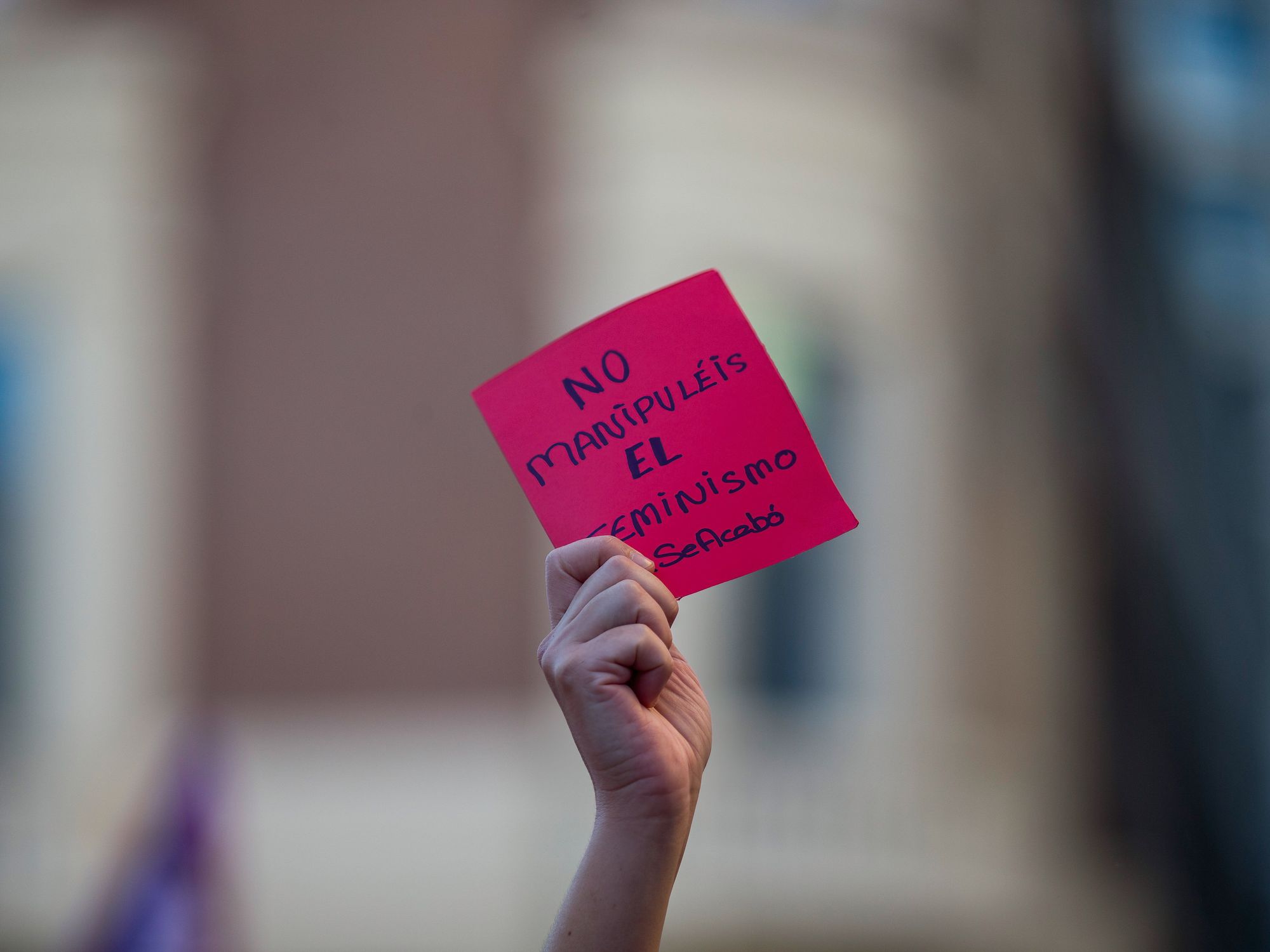 A photo of a sign that reads 'Do not manipulate feminism'' during a demonstration