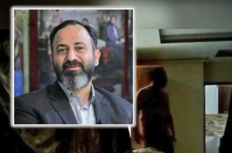 A photo of Reza Saqati in the foreground, overlayed on a screengrab of the incriminating video.