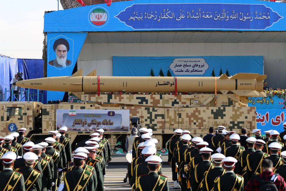 A photo of the ''Zolfaghar'' missile system is displayed by the Islamic Revolutionary Guard Corps (IRGC) during an annual military parade marking the anniversary of the beginning of the war against Iran by former Iraqi Dictator Saddam Hussein 44 years ago