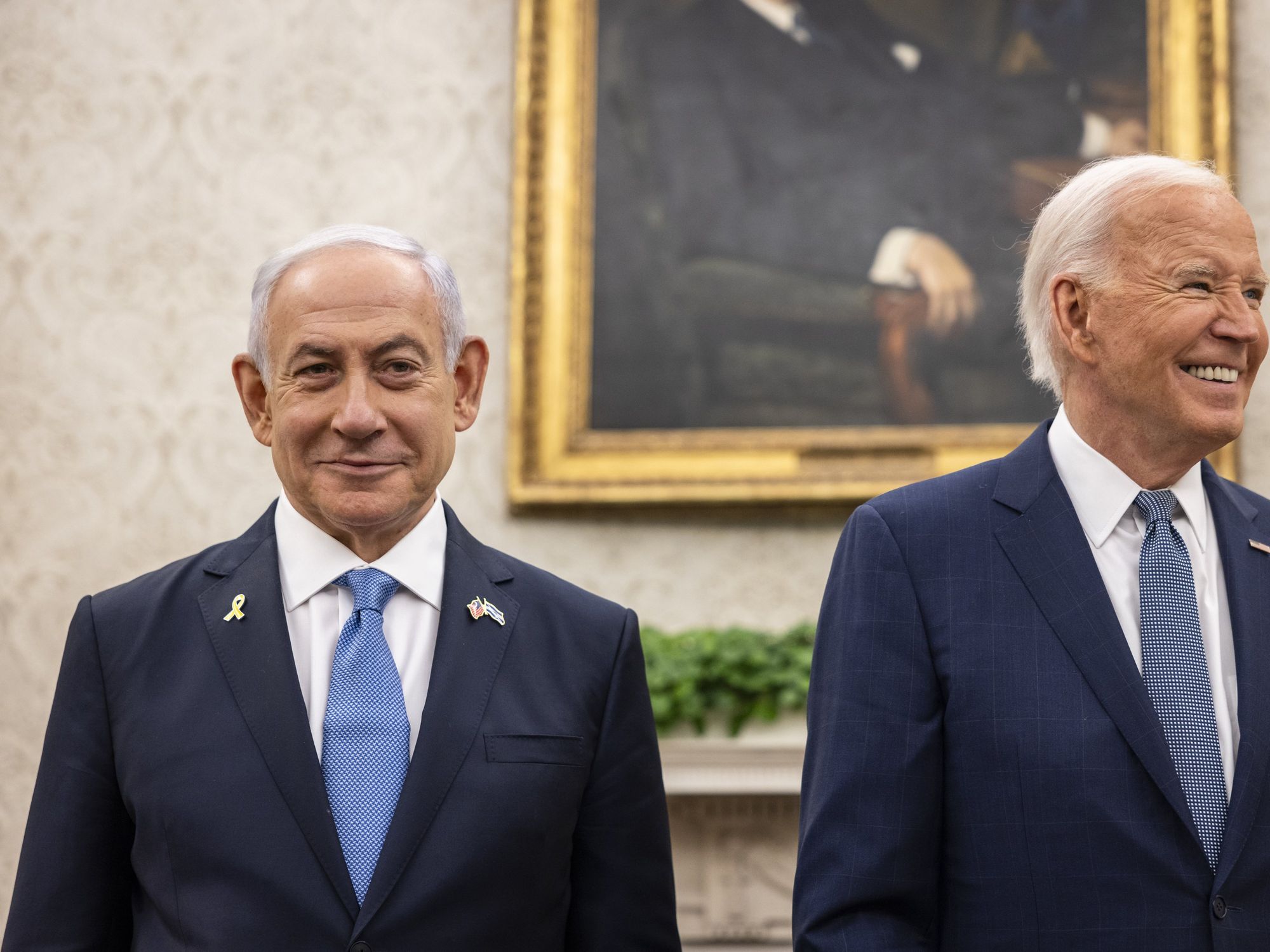 A photo of United States President Joe Biden meets Prime Minister Benjamin Netanyhu of Israel for a bilateral meeting in the Oval Office of the White House in Washington