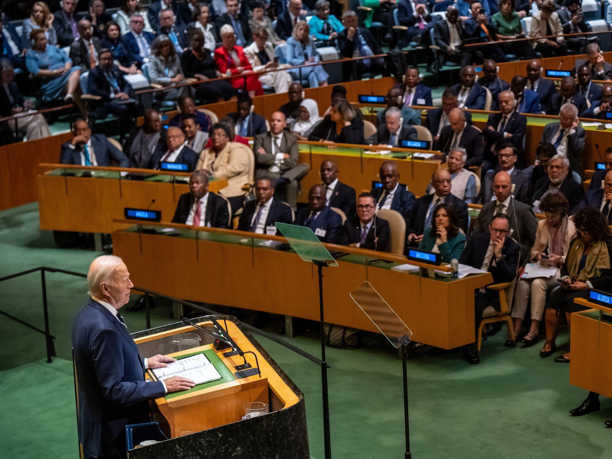 A photo of US President Joe Biden speaking at the opening of the 79th General Debate of the UN General Assembly