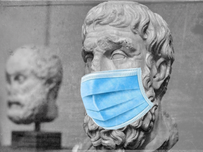 A photomontage of a bust of Greek philosopher Epicurus with a COVID-19 facemask