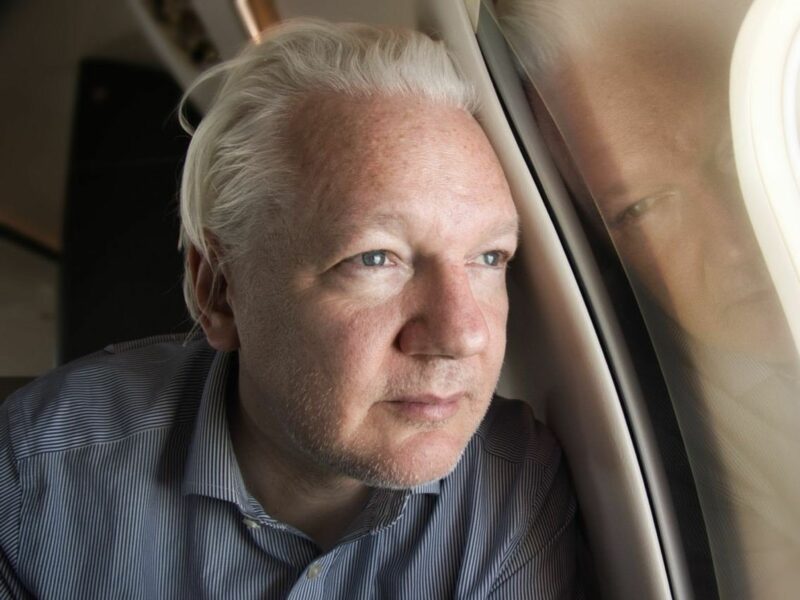 A picture of Julian Assange in a jet released by WikiLeaks after Assange was released.