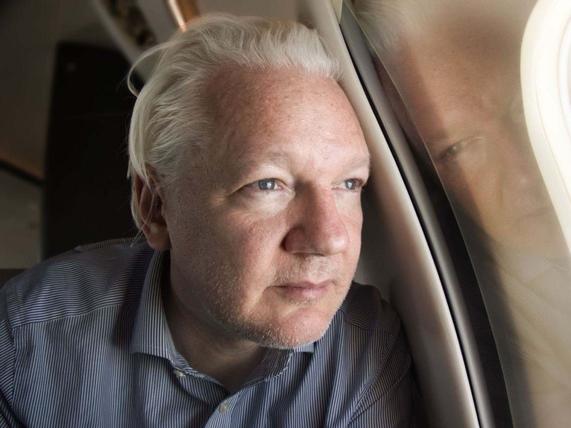 A picture of Julian Assange in a jet released by WikiLeaks after Assange was released.