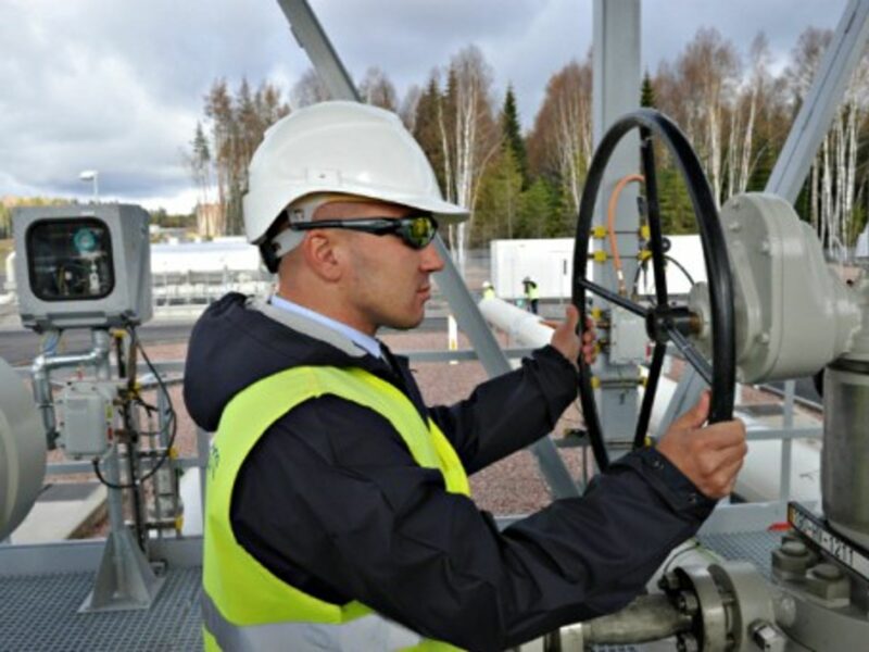 A pipeline operator in Portovaya bay, northwestern Russia,