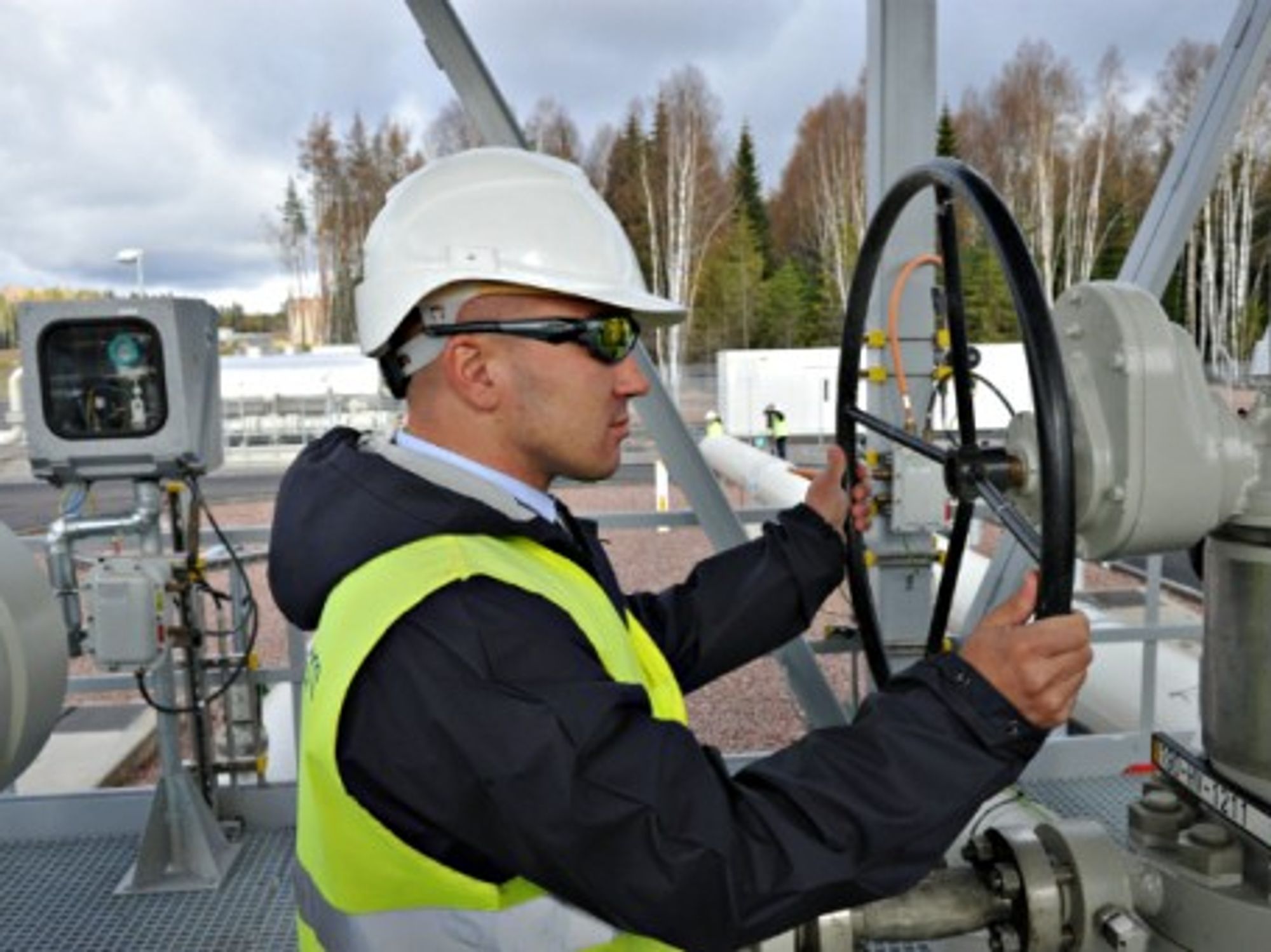 A pipeline operator in Portovaya bay, northwestern Russia,