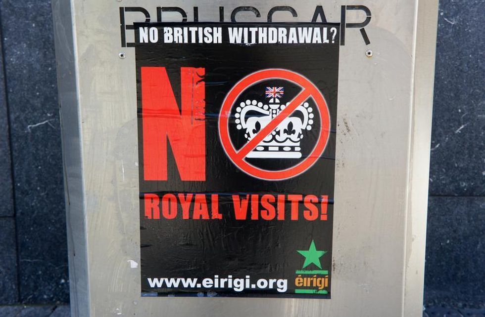 A poster in Cork, Ireland, protesting the Queen's 2011 visit, reading "No British withdrawal? No royal visits!"