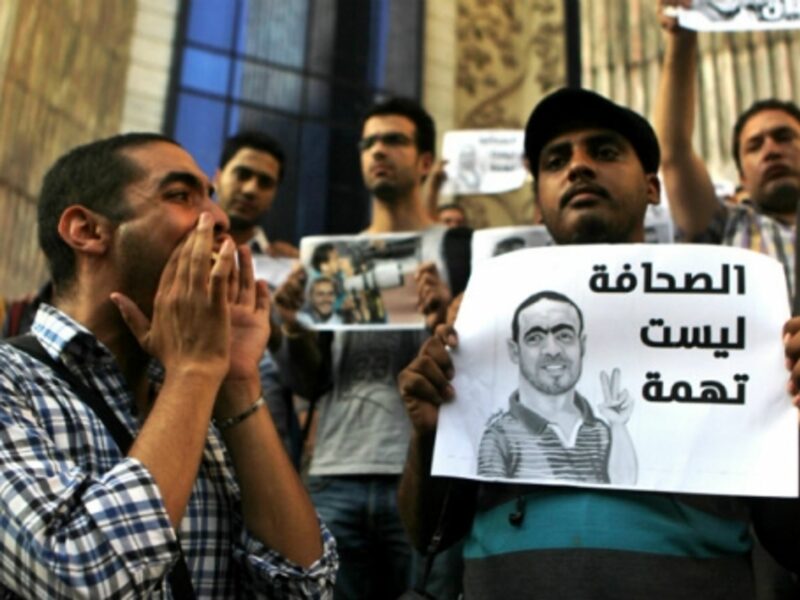 A protest last month in support of Egyptian photojournalist Ahmed Ramadan, who was arrested on charges of belonging to the Muslim Brotherhood