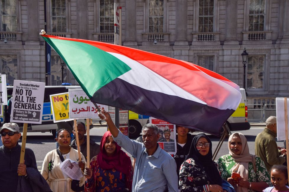 A protester waves a Sudanese flag during a demonstration.