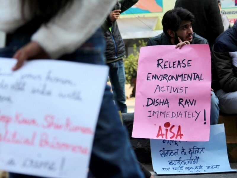 A rally in support of Disha Ravi in New Delhi