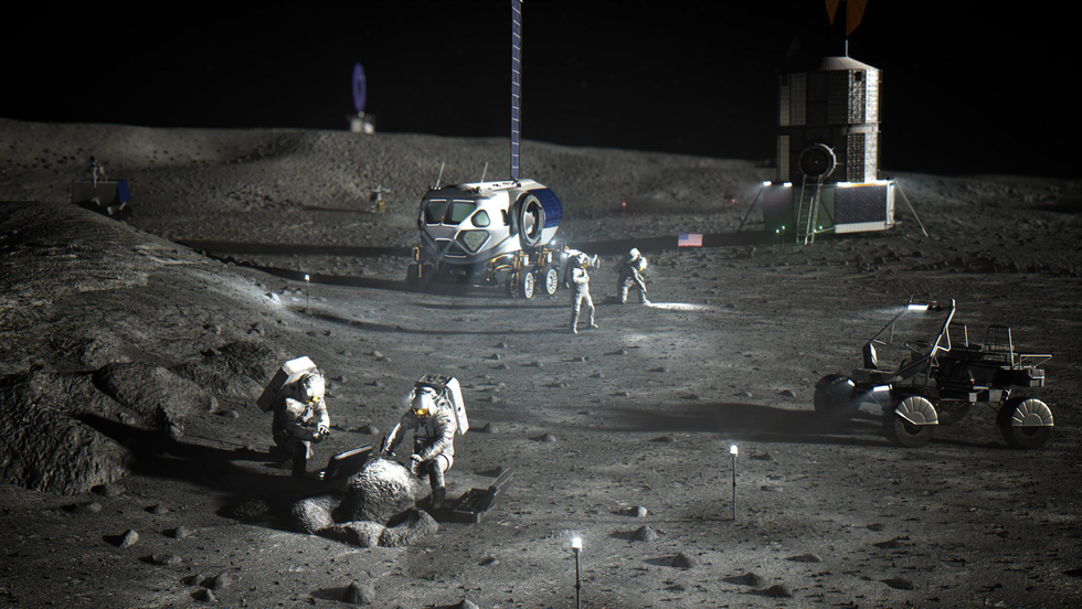 A rendered image of astronauts activities on the moon during the projected Artemis mission