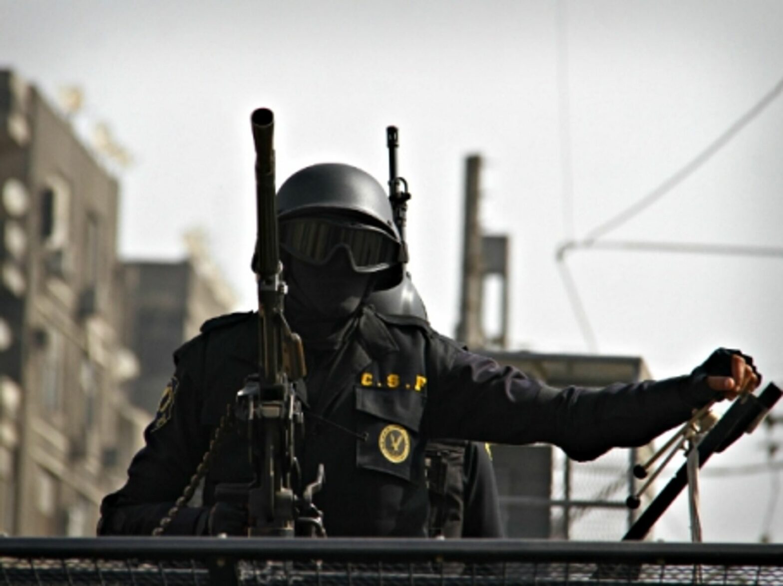 A riot police member in Cairo on Jan. 25, 2015