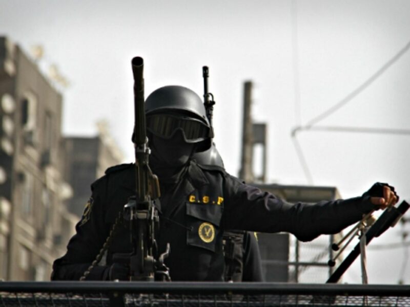 A riot police member in Cairo on Jan. 25, 2015