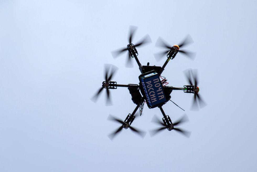 A Russian drone carrying a package
