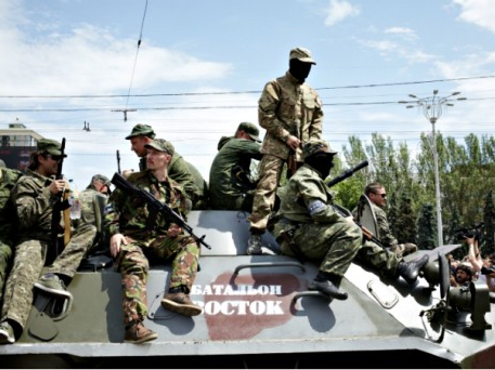 A Russian military unit parades in Donetsk on May 25