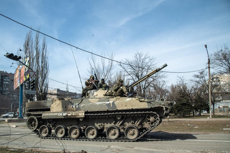 A Russian tank in the streets of Mariupol