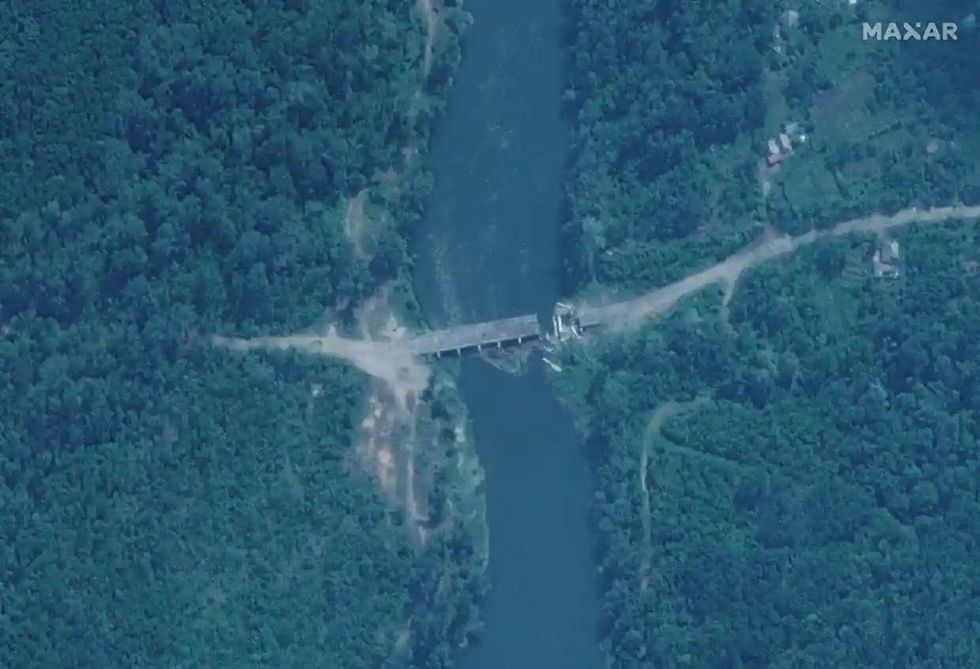 A satellite image shows the damaged Pavlograd Bridge in western Severodonetsk