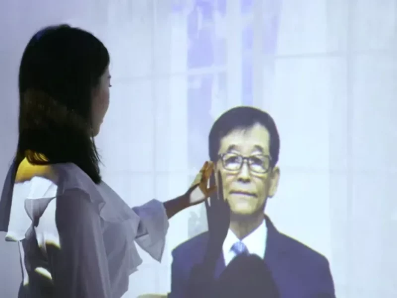 A screenshot from the Re;memory promotional video, where a bereaved woman touches the screen that shows her dead relative talking to her