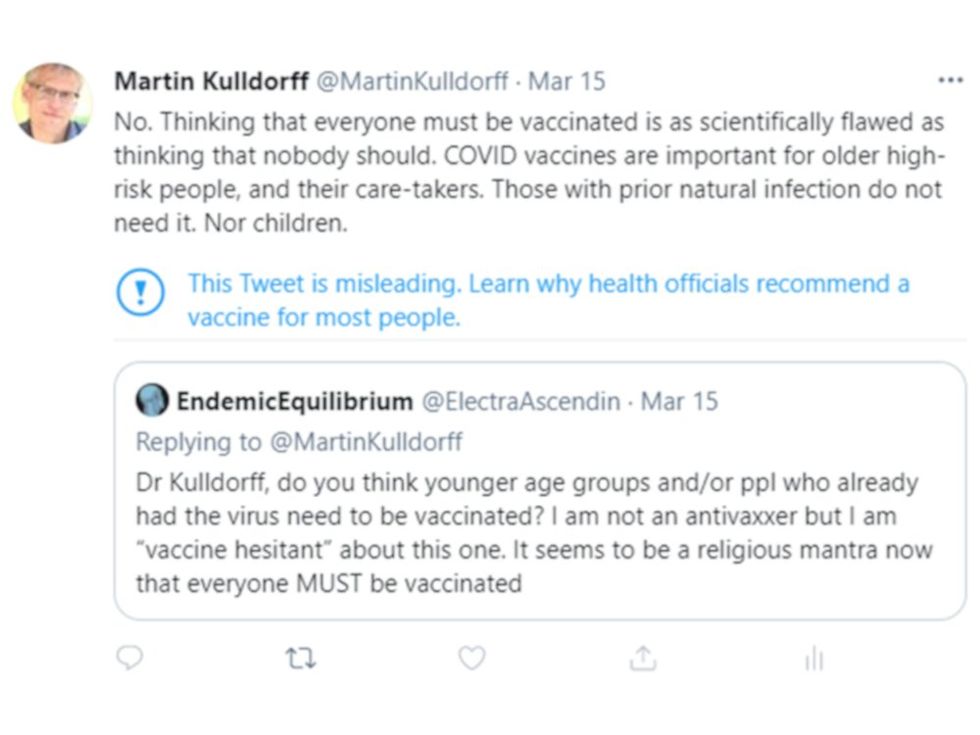 A screenshot of Martin Kulldorff’s March 2021 tweet that was, at the time, labeled by Twitter as misleading.