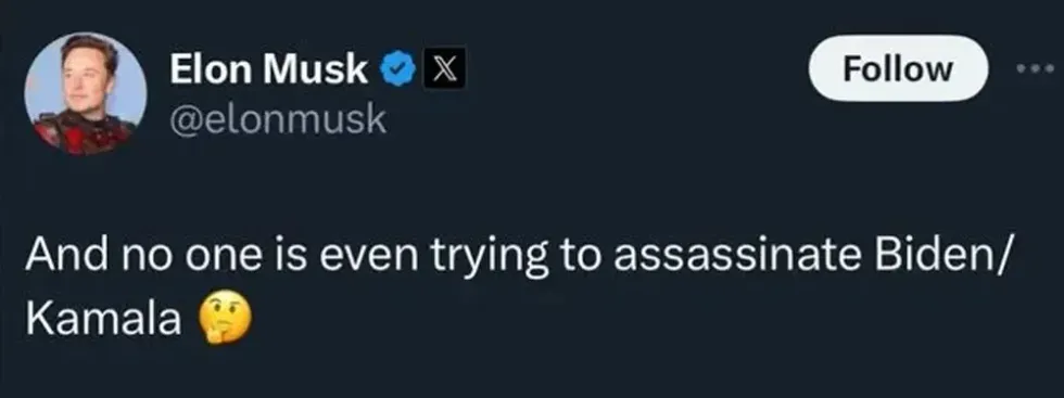 A screenshot of the tweet Elon Musk posted asking why no one was trying to assassinate Joe Biden or Kamala Harris.