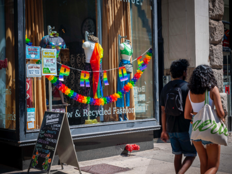 A second-hand store in New York is decorated for Gay Pride 2021