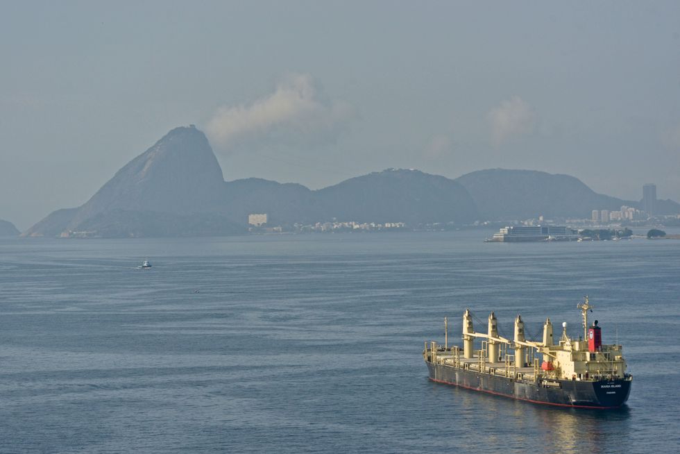 A ship in the bay of Rio with the Sugarloaf in the background.