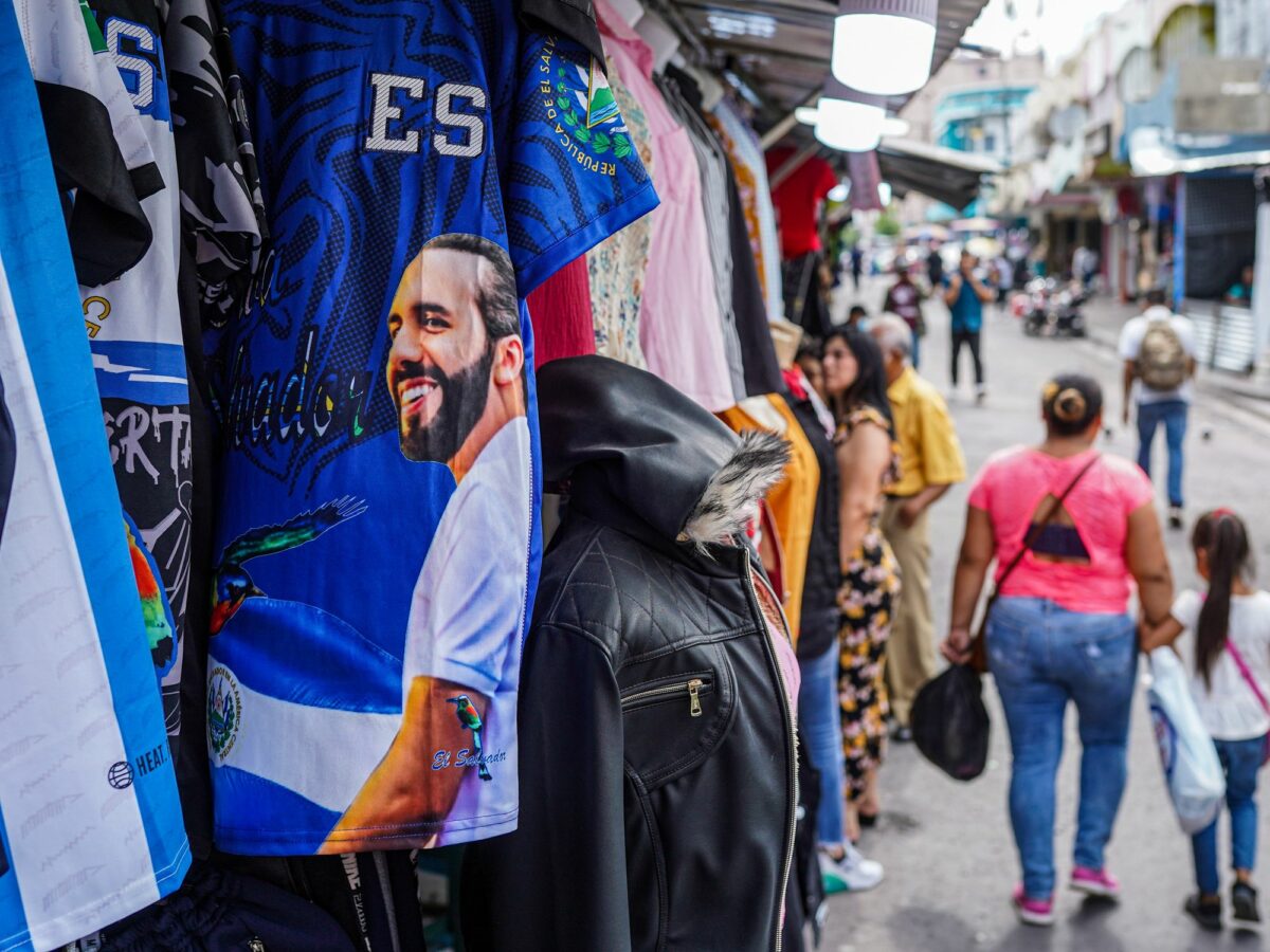 A shirt displaying President Nayib Bukele seen at a street market. The Bukele administration has ended its fourth year in office ahead of a questioned reelection bid.