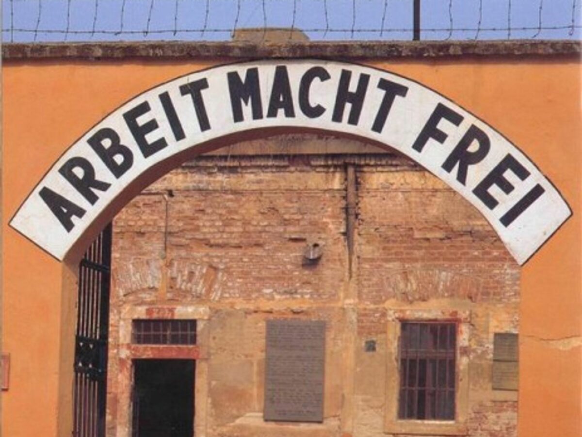 A sign at the Terezin fortress reading