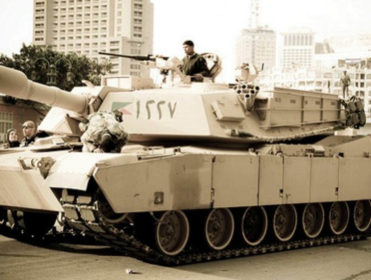 A soldier prays on a tank last month in Cairo