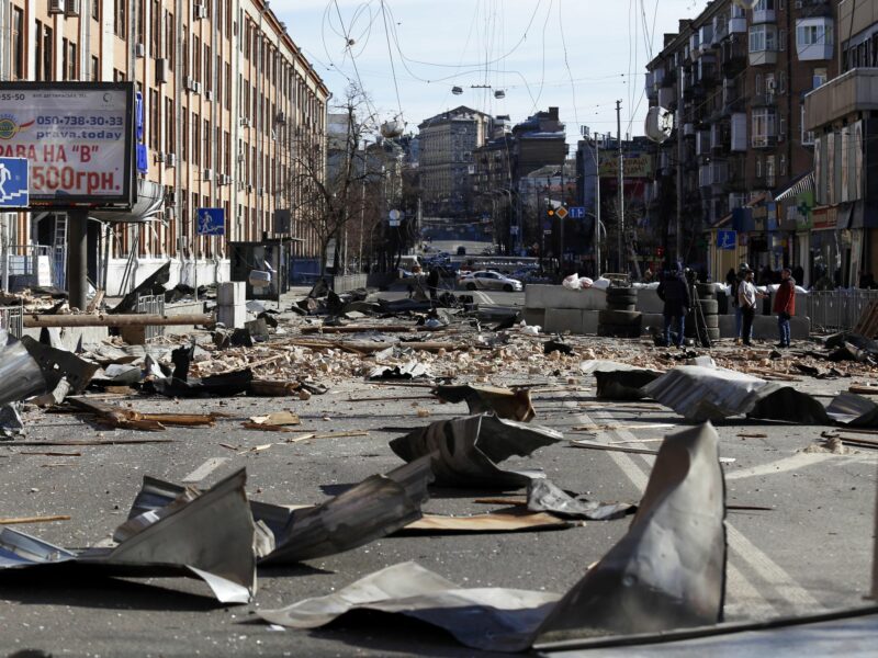 a street in Kyiv damaged by a Russian shell.
