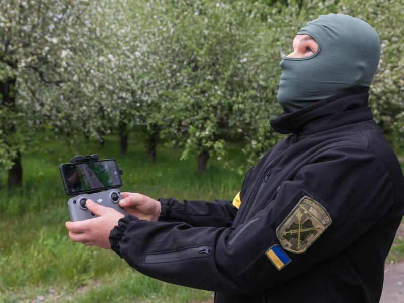 A Ukrainian military drone operator during a testing of anti-drone rifle in Kyiv.​