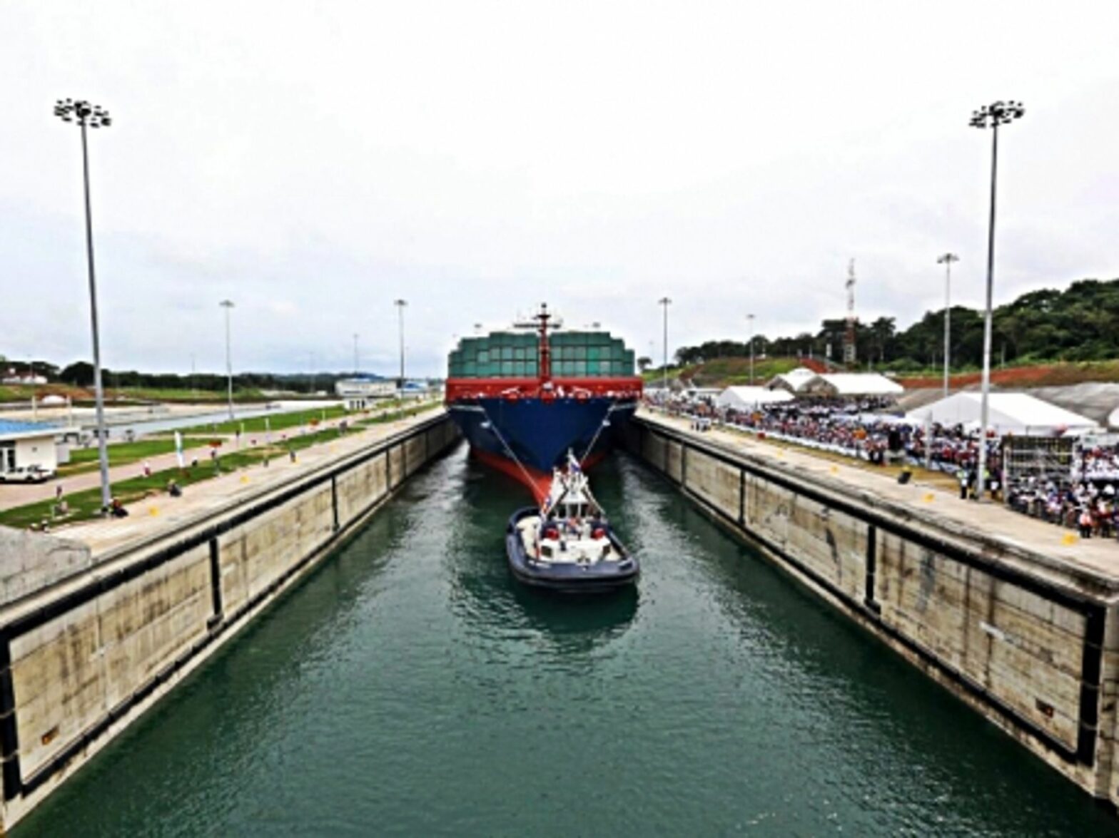 A vessel passes through the Panama Canal in the city of Colon.