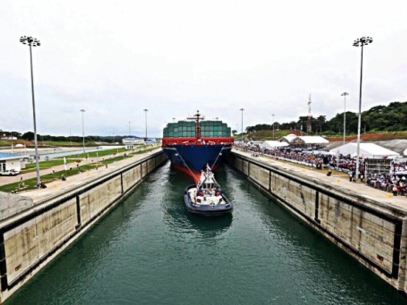 A vessel passes through the Panama Canal in the city of Colon.