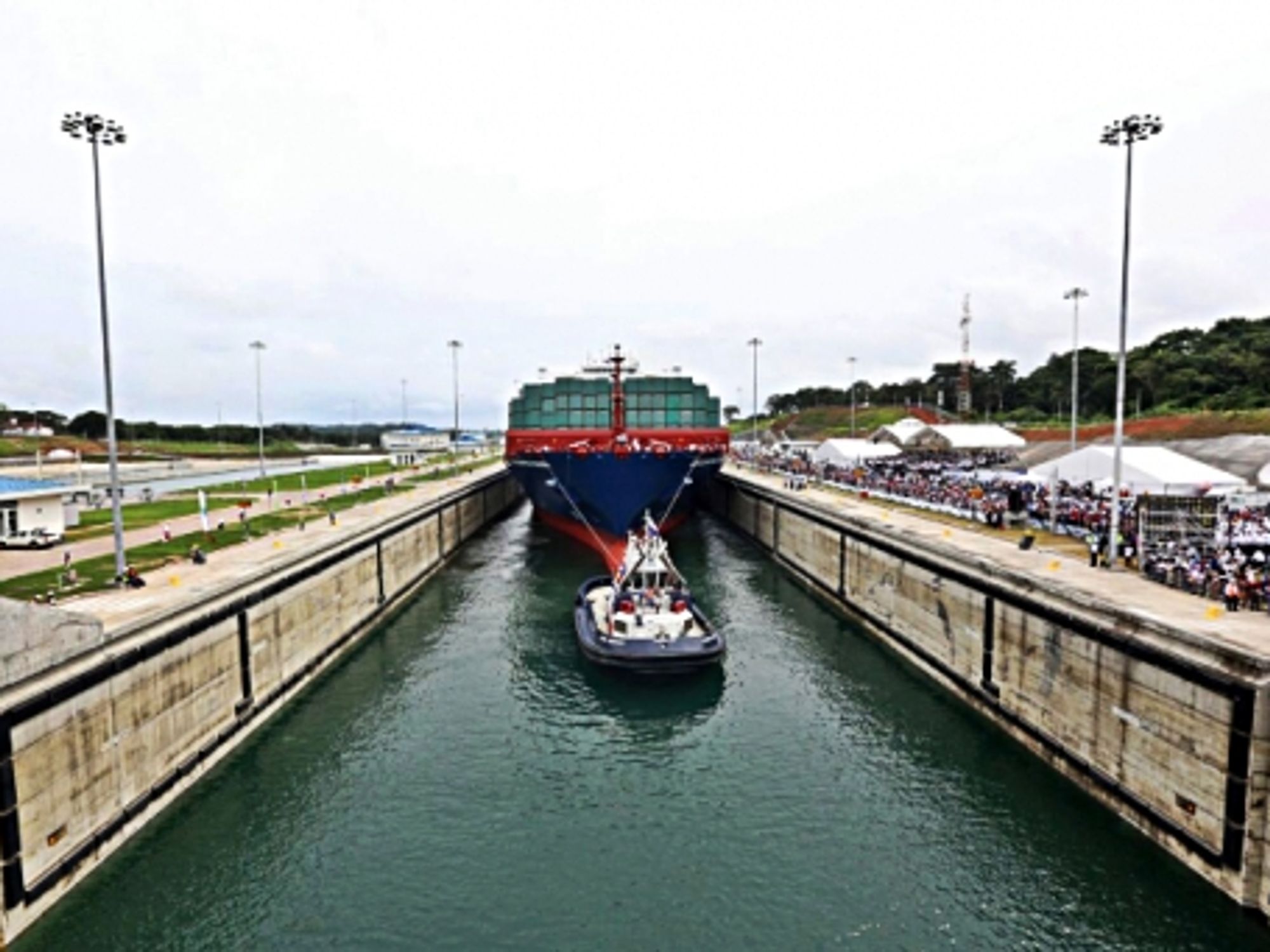 A vessel passes through the Panama Canal in the city of Colon.