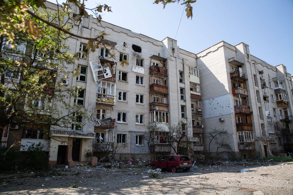 A view of an apartment building damaged by shelling in the embattled city of Severodonetsk