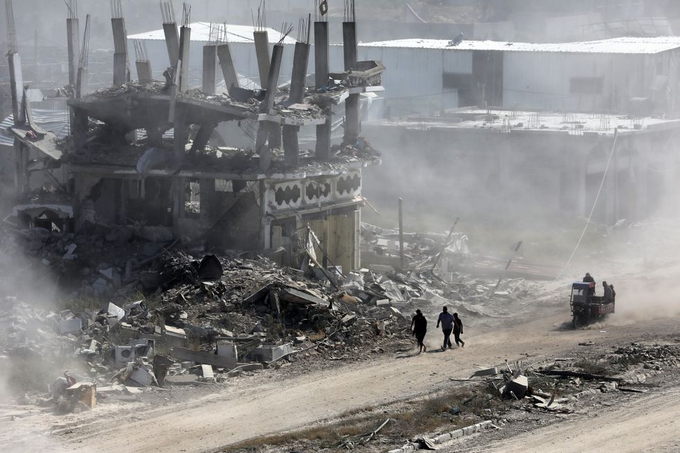 A view of debris of destroyed settlement after Israeli forces' withdrawal from parts of Khan Yunis
