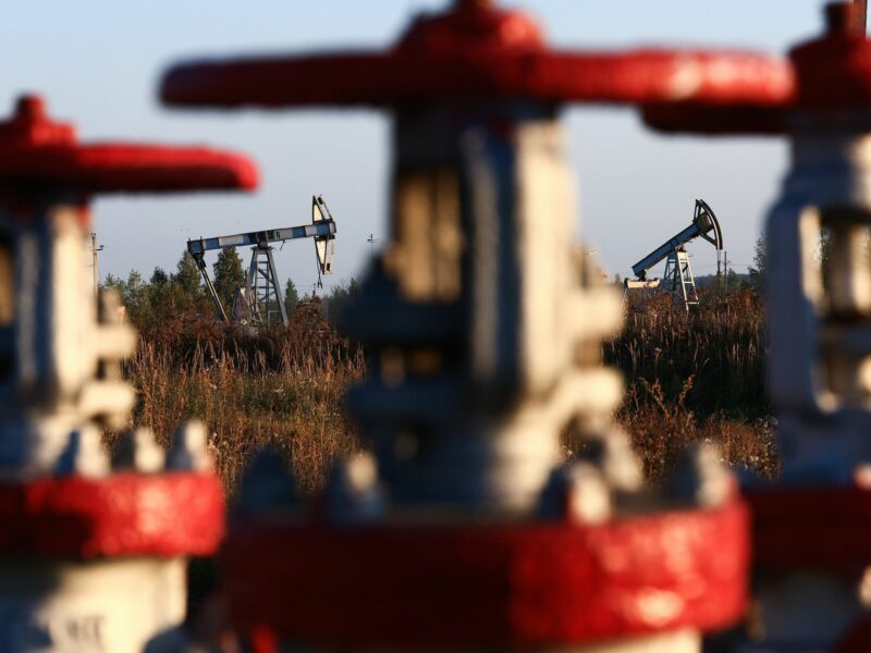 A view of pipeline valves and oil pumpjacks operated by the Yamashneft Oil and Gas Production Division of Tatneft, near the village of Yamashi in Almetyevsk District, Republic of Tatarstan, Russia