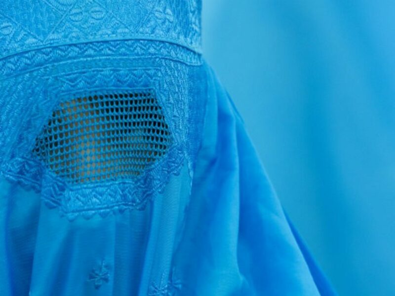 A visitor wearing a burqa at the 2012 exhibition 'Burquoi' at the Kunstverein in Wiesbaden, Germany.