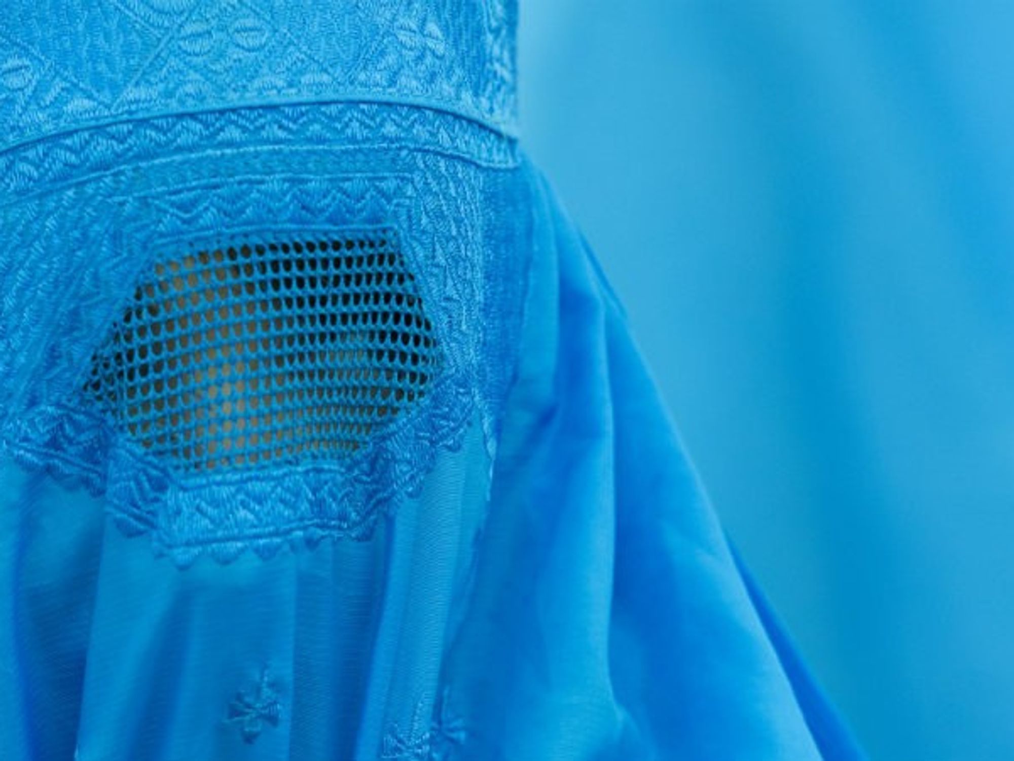 A visitor wearing a burqa at the 2012 exhibition 'Burquoi' at the Kunstverein in Wiesbaden, Germany.