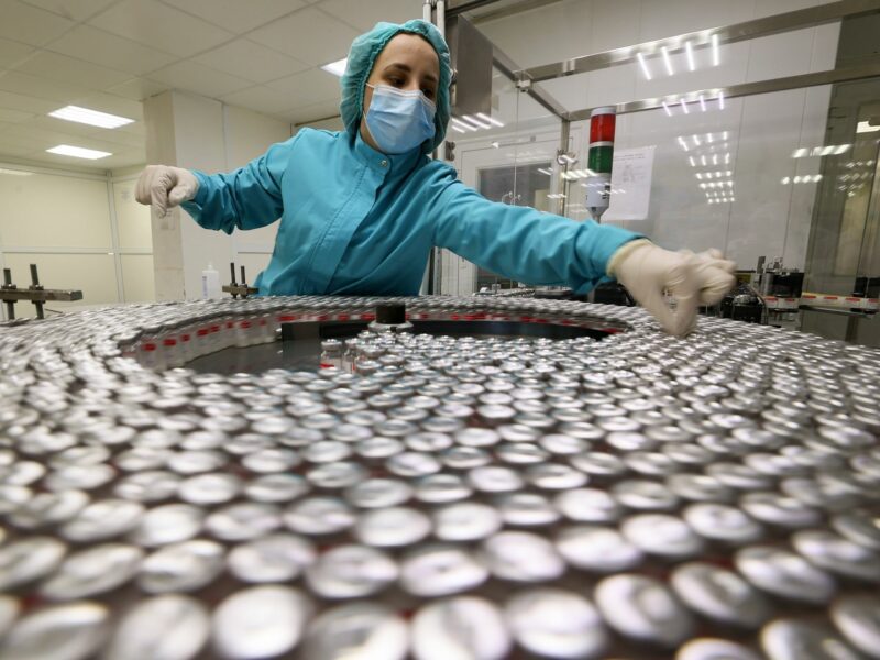 A worker on the production line for injectable antibiotics at the Biokhimik pharmaceutical plant owned by Promomed Group