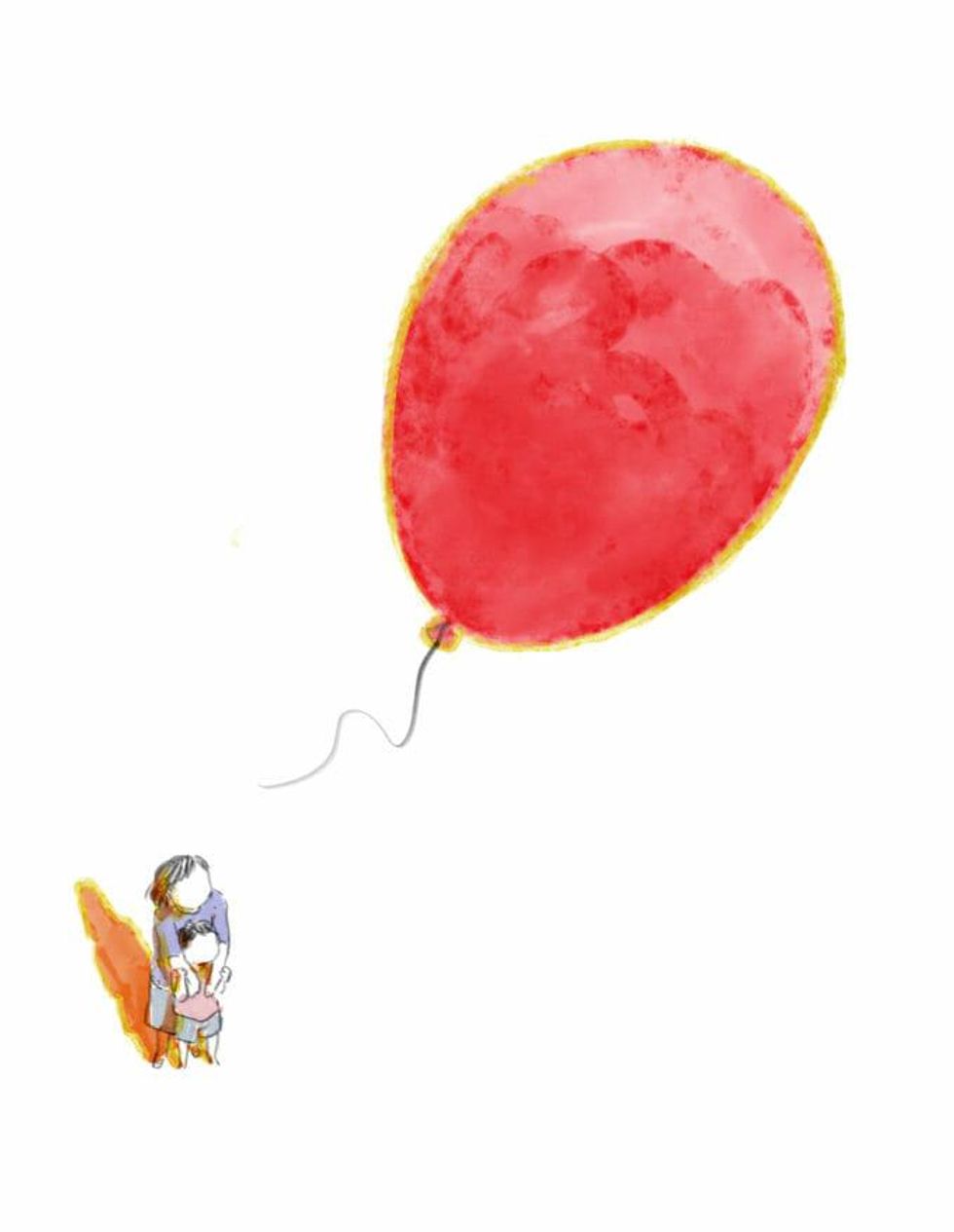 a young boy being hugged by his mother while a red balloon flies in the sky